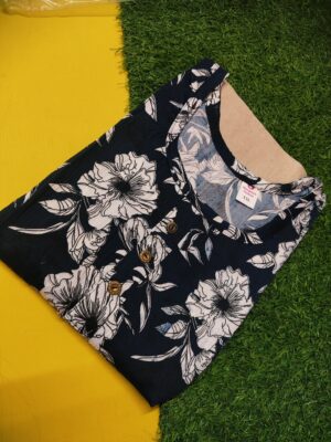 Title: Elegant Black Floral Silk Popcorn Kurti with Three-Quarter Sleeves and Round Neck
