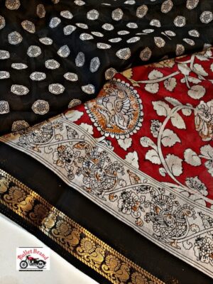 Elegant Qalamkari Mangalagiri Silk Saree with Uniform Design and Contrast Kanchi Borders
