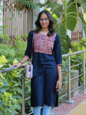Elegant Blue Jaipur Cotton Floral Kurta with Three-Quarter Sleeves and Round Neck