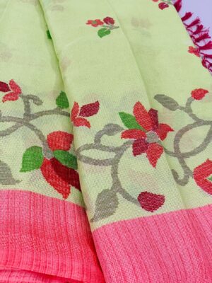 Light Green Jamdani Solid Saree with Floral Ethereal Elegance & Traditional Charm