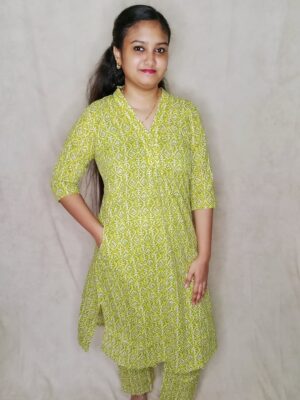 Chic Light Green Cotton Kurti with Camouflage Print and V-Neck Modern Indian Fashion