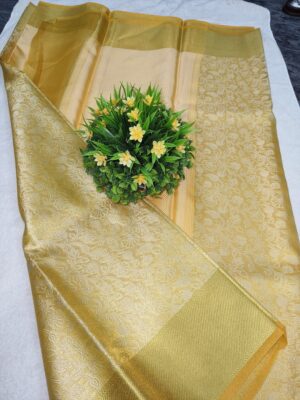 Celebrity Inspired Golden Yellow Tissue Silk Saree with Contrast Blouse