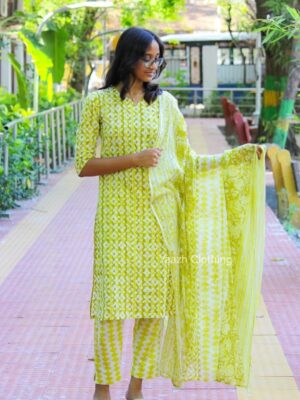 Bright Yellow Jaipur Cotton Floral Kurta with Three-Quarter Sleeves and V-Neck