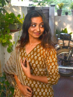 Vibrant Mustard Yellow Jaipur Cotton Floral Kurta with Three-Quarter Sleeves and V-Neck