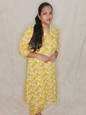 Trendy Yellow Cotton Kurti with Camouflage Print and V-Neck Modern Indian Elegance