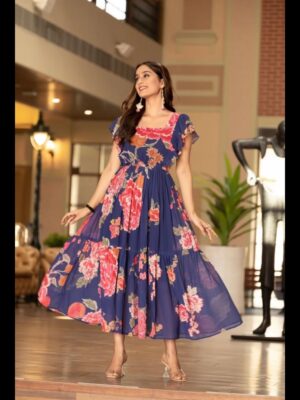 Elegant Patal Puff Sleeve Floral Georgette Kurti