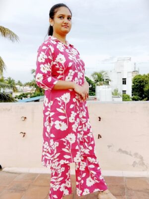 Vibrant Pink Cotton Kurti with Floral Print and V-Collar Neck Elegant Indian Style