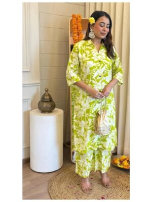 Elegant Light Green Cotton Kurti with Floral Print and V-Collar Neck Chic Indian Style