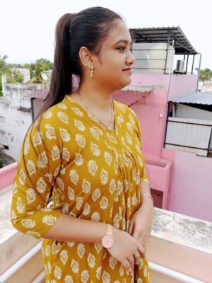 Elegant Mustard Yellow Cotton Kurti with Floral Print and V-Neck Timeless Indian Style