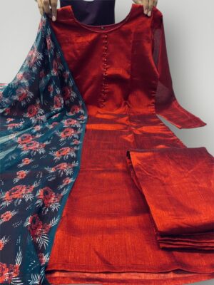 Stunning Full Sleeve Vichitra Kurti Set with Dupatta & Pant
