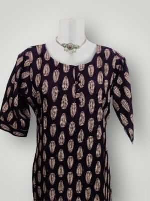 Elegant Cotton Kurti with Golden Leaf Pattern & Three Fourth Sleeves