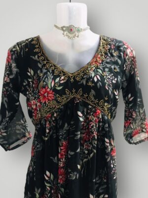 Floral Print Chiffon Kurti with Aliya Cut V Neck & Three-Fourth Sleeves