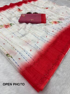 Stunning saree Pure Linen Cotton Saree with Digital Print and Foil Mirror Work