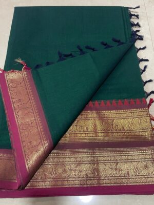 Stunning Kanchi Cotton Saree with Fabulous Zari Border and Simple Line Pallu
