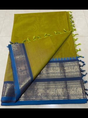 Stunning Kanchi Cotton Saree with Fabulous Zari Border and Simple Line Pallu