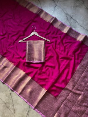 Latest Banarasi Warm Silk Saree with Premium Quality, Exclusive Allover Design, Big Zari Border, Designer Zari Pallu, and Matching Designer Blouse