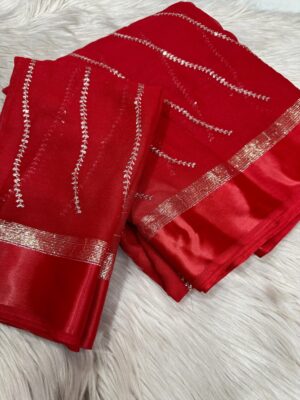 Satin Patta Pure Viscose Georgette Saree with Fancy Sequins, Big Work Butti, Satin Border, and Fancy Contrast Blouse