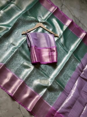 Pure Banarasi Brocade Tissue Soft Silk Saree with Allover Zari Weaving, Floral Design, Contrast Border, Rich Pallu, and Brocade Blouse