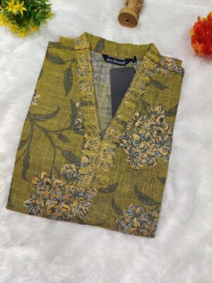 Floral Cotton Mixed Rayon Slub Kurti – Elbow Sleeve