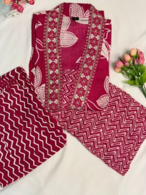 Floral Cotton Kurti Set with Dupatta & Pant