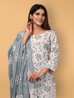 Bagru Hand Block Printed Cotton Kurti Set with Leaf Print