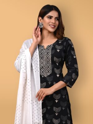 Bagru Hand Block Printed Cotton Kurti Set with Pant & Dupatta