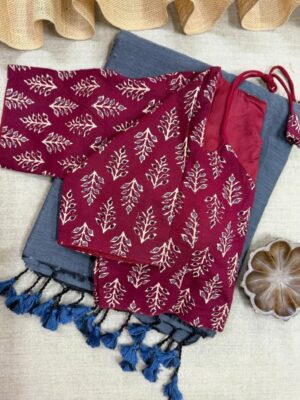 Ajrakh Cotton Festive Saree with Mango Border & Printed Blouse