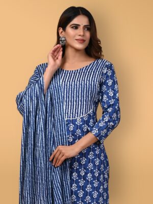 Bagru Hand Block Printed Cotton Kurti Set with Pant & Dupatta