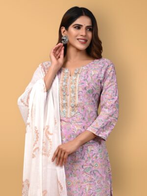 Bagru Hand Block Printed Floral Cotton Kurti Set with Pant & Dupatta
