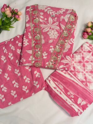 Floral Cotton Collared V-Neck Kurti Set