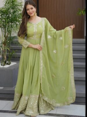 Floral Silk Kurti with Designer Neck – Full Sleeve