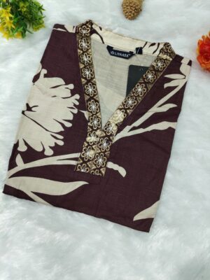 Floral Print Cotton Mixed Rayan Slub Kurti – Trendy Elbow Sleeve