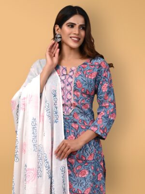 Bagru Hand Block Printed Cotton Kurti Set with Pant & Dupatta