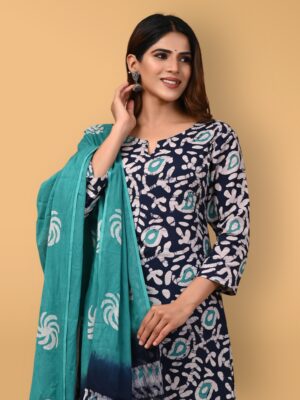 Bagru Hand Block Printed Cotton Kurta Set with Leaf Print & Dupatta