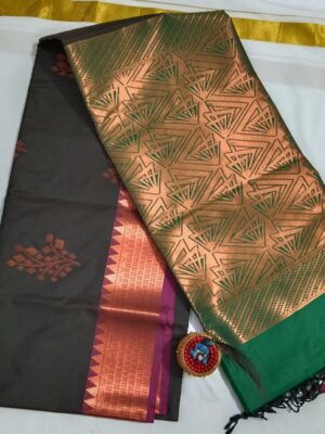 Elegant Semi Silk Zari Work Saree – Copper Border, Printed Blouse