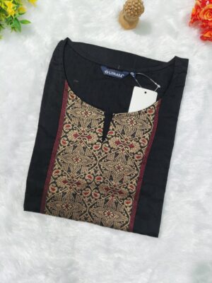 Floral Cotton Mixed Rayon Slub Kurti – Elbow Sleeve, V-Neck