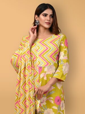 Bagru Hand Block Printed Cotton Floral Kurti Set with Pant & Dupatta
