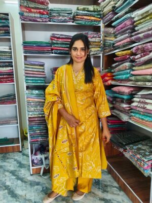 Elegant Silk Kurti Set with White Floral Print & Embellished Cuffs