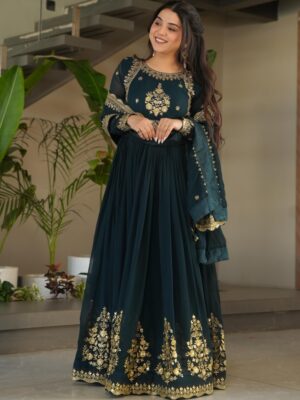 Georgette Zari Floral Kurti – Full Sleeve Designer Neck