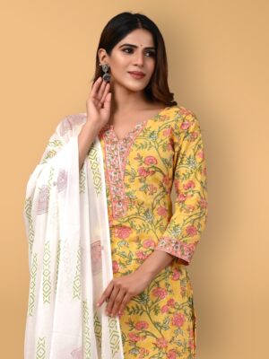 Bagru Hand Block Printed Cotton Suit Set with Pant & Dupatta