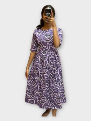 Trendy Leaf Print Cotton Maxi with Elbow Sleeves