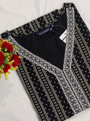 Floral Cotton Mixed Rayon Slub Kurti – Elbow Sleeve, Designer Neck