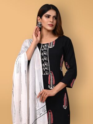 Bagru Hand Block Printed Cotton Kurti Set with Leaf Print & Dupatta