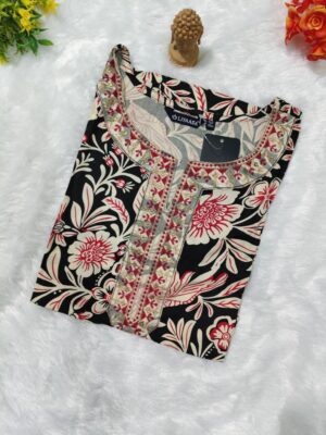 Floral Cotton Mixed Rayan Slub Kurti – Elbow Sleeve, Designer Neck