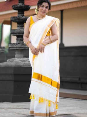 Elegant Cotton Festive Saree with Golden Lace Border