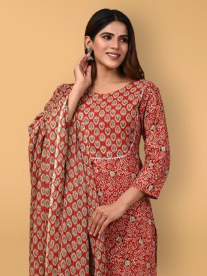 Bagru Hand Block Printed Cotton Suit Set with Pant & Dupatta