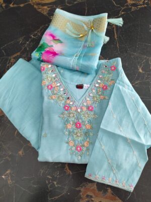 Elegant Silk Kurti Set with Intricate Floral Embroidery & Beadwork