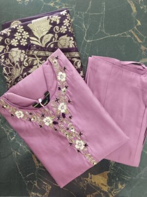 Embroidered Silk Kurti Set with Dupatta & Pant - Full Sleeves