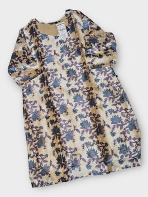 Trendy Floral Print Tissue Kurta with V Neck