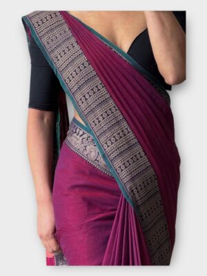 Trendy Narayanpeth Kaju Border Cotton Saree with Stripe Pallu